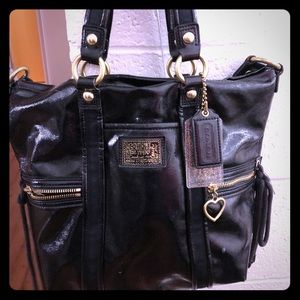 Black Coach poppy liquid glass tote handbag